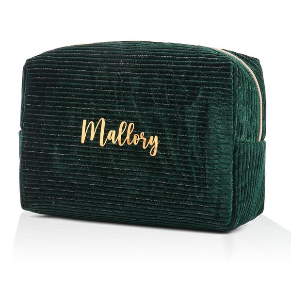 Personalized Dark Green Corduroy Cosmetic Bag | Velour Makeup Pouch