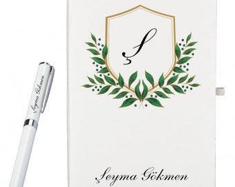 Personalized Journal and Roller Pen Set - White Gift Package, Floral Design, Custom Name