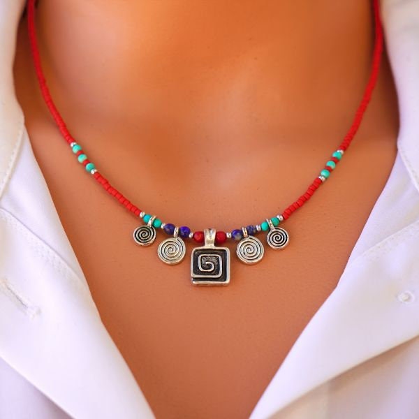 Red Afghan Stone Spiral Necklace with Coral, Lapis Lazuli, and Turquoise Description