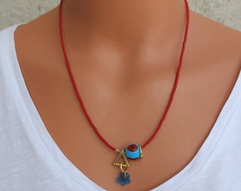 Handmade Dalia Evil Eye Necklace with Red Afghan Beads - Lucky Charm Jewelry