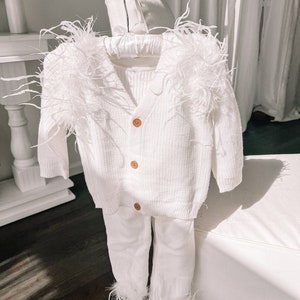 Baby Girl White Feather Lounge Set, Baby girl outfit, baptism outfit, white baby girl outfit, fancy baby girl outfit, christening outfit