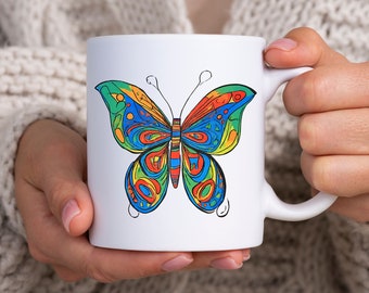 Rainbow Butterfly Ceramic Coffee Mug, Pretty Tea Mug, Psychedelic Butterfly Tea Cup, Colorful Gift Mug, Gift for her