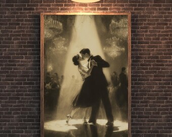 Romantyczny, czarno-biały pocałunek na ulicy z lat 50. – Vintage Cinematic Love Art Print, klasyczny miejski romans, dekoracja ścienna, ponadczasowy plakat retro