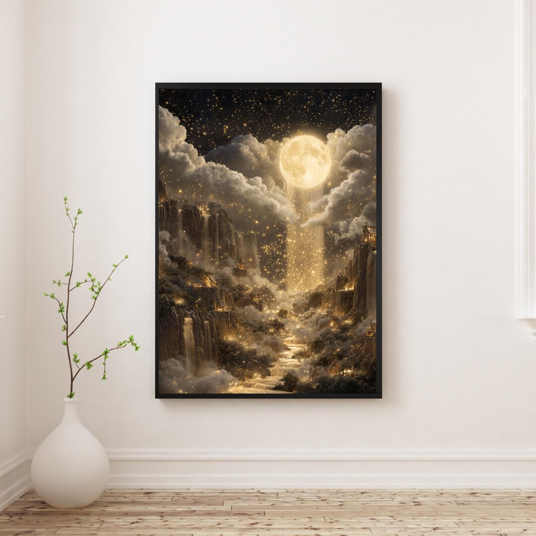 Fantasy Moon Wall Art, Golden Celestial Night Landscape, Magical ...