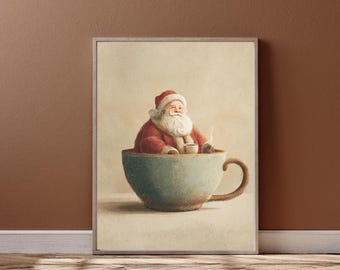 May include: A framed print shows Santa Claus seated in a large teal teacup, holding a small cup. Santa is dressed in a red suit and hat with a white beard. The artwork has a vintage, whimsical style, suitable for festive home decor.
