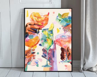 Akwarela „Koktajl na zdrowie” – Ilustracja z żywymi drinkami na imprezę (Pobieranie cyfrowe)