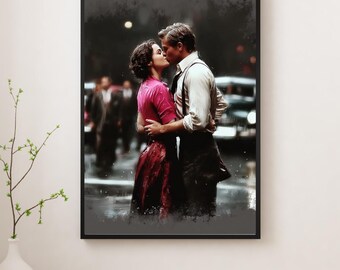 Romantyczny, czarno-biały pocałunek na ulicy z lat 50. – Vintage Cinematic Love Art Print, klasyczny miejski romans, dekoracja ścienna, ponadczasowy plakat retro