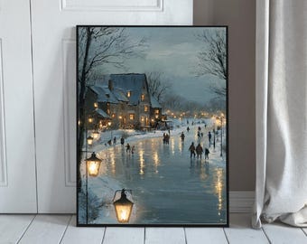 Vintage Winter Village Wall Art Ice Skating Christmas Poster Cozy Snowy Town Night Painting Nostalgic Holiday Printable Art Digital Download