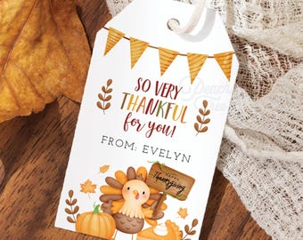 Thanksgiving Turkey Tags, So Very Thankful for You, Gift Tags, Thanksgiving Gift Tags, School Teacher Coworker, Editable Printable Download