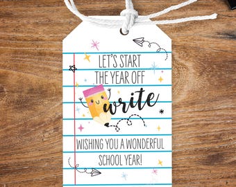 Printable Back To School Tag, Let&#39;s Start The Year Off Write, Pencil Tag, Student Gift, Teacher Gift, Instant Download, Canva Template