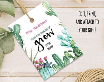 Thank You For Helping Me Grow Teacher Appreciation Tags, Mom Grandma Plant Tags Labels, Cactus Succulent Favor Tags, Teacher Holiday Gift