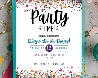 Girl Birthday Invitation, Confetti Invitation, Tween Birthday Invitation, Colorful Invite, Simple Birthday Invitation, Editable Invitation