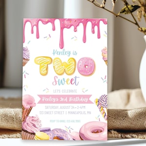 Two Sweet Birthday Invitation, 2nd Birthday Invitation, Donut Invitation, Two Year Old Birthday Invite, Editable Birthday Invitation