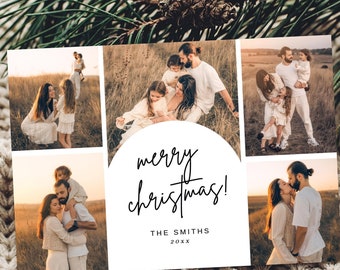 May include: A Christmas card with a collage of photos of a family. The card has a white circle with the text "merry christmas!" in black script. Below the circle is the text "THE SMITHS 20XX".
