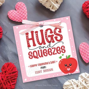 Hugs and Squeezes Valentine, Printable Valentine Card, Class Treat, Preschool Classroom Valentine, Applesauce Pouch Tag, Printable Tag