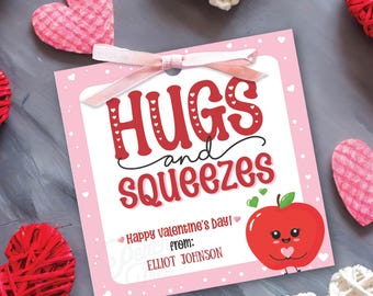 Hugs and Squeezes Valentine, Printable Valentine Card, Class Treat, Preschool Classroom Valentine, Applesauce Pouch Tag, Printable Tag