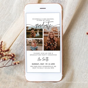 May include: A digital graduation party invitation with a collage of photos of a young woman. The invitation includes the text "RIVERDALE HIGH SCHOOL CLASS OF 20XX graduate PLEASE JOIN US FOR A GRADUATION PARTY HONORING Am Smith SUNDAY, MAY 19 2-4PM 804 PARK WAY! MINNEAPOLIS, MN RSVP TO HELLY 123.456.7890"