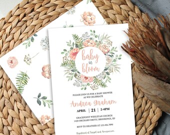 May include: A baby shower invitation with a watercolor floral design and the text "baby in bloom". The invitation is for Andrea Graham and is scheduled for April 21st from 2-4pm at Gracepoint Wesleyan Church in Brookings, SD. RSVP to Heather at 123.454.7890.