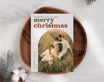 Retro Photo Christmas Card Canva Template, Boho Editable Holiday Card, Christmas Arch Photo Card Template, Family Photo Printable