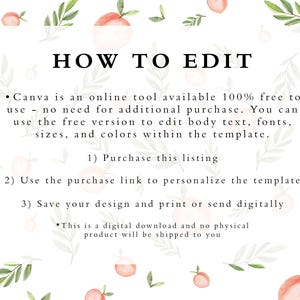 Op de afbeelding: Een witte achtergrond met perzikillustraties en tekst die "HOE TE BEWERKEN" luidt. De tekst legt uit hoe je een digitale sjabloon kunt bewerken met Canva. De tekst luidt: "Canva is een online tool die 100% gratis beschikbaar is - geen extra aankoop nodig. Je kunt de gratis versie gebruiken om de hoofdtekst, lettertypen, afmetingen en kleuren binnen de sjabloon te bewerken. 1) Koop deze lijst 2) Gebruik de aankooplink om de sjabloon te personaliseren 3) Sla je ontwerp op en print of stuur het digitaal *Dit is een digitale download en er wordt geen fysiek product naar je verzonden"