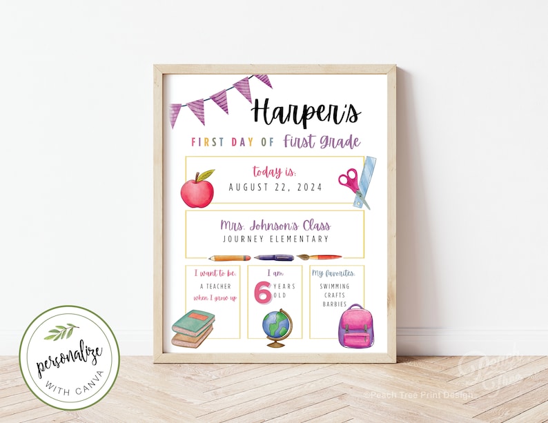 K&ouml;nnte beinhalten: Ein druckbares Schild f&uuml;r den ersten Schultag mit Aquarelldesign. Das Schild zeigt den Namen "Harper's" und den Text "Erster Tag der ersten Klasse". Das Schild enth&auml;lt auch ein Datum, den Namen des Lehrers und ein paar lustige Fakten &uuml;ber Harper.
