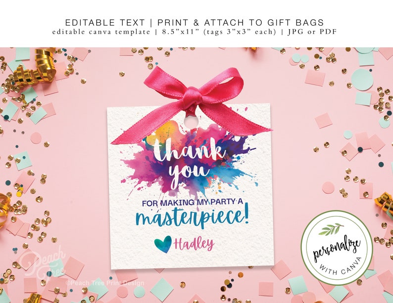 Pu&ograve; includere: Un'etichetta di ringraziamento in stile acquerello con il testo "thank you for making my party a masterpiece!" e il nome "Hadley". L'etichetta &egrave; stampata su cartoncino bianco e ha un nastro rosa.