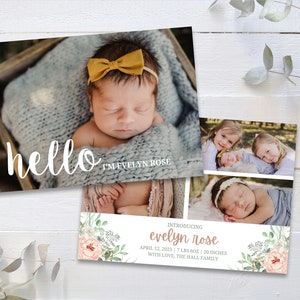 Anuncio de nacimiento floral / Plantilla de tarjeta para niña recién nacida / Bienvenida niña / Plantilla de Canva / Anuncio de nacimiento imprimible