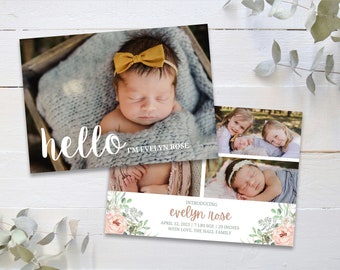 May include: A baby announcement card with a collage of photos. The top photo shows a newborn baby girl sleeping with a yellow bow in her hair. The text "hello I'M EVELYN ROSE" is on the card. The bottom photo shows the baby girl sleeping with her older siblings. The text "Introducing evelyn rose April 12, 2023 7 LBS 6OZ | 20 INCHES WITH LOVE, THE HALL FAMILY" is on the card.