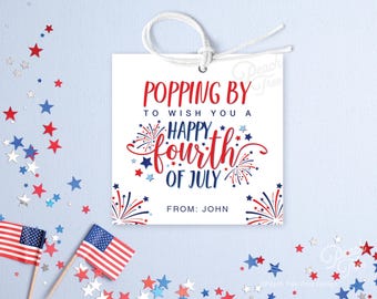 4th of July Popping By Tag, Fireworks Tag, Happy 4th of July, Independence Day Favor, Thank You Tag, Fourth of July Label, Editable Template