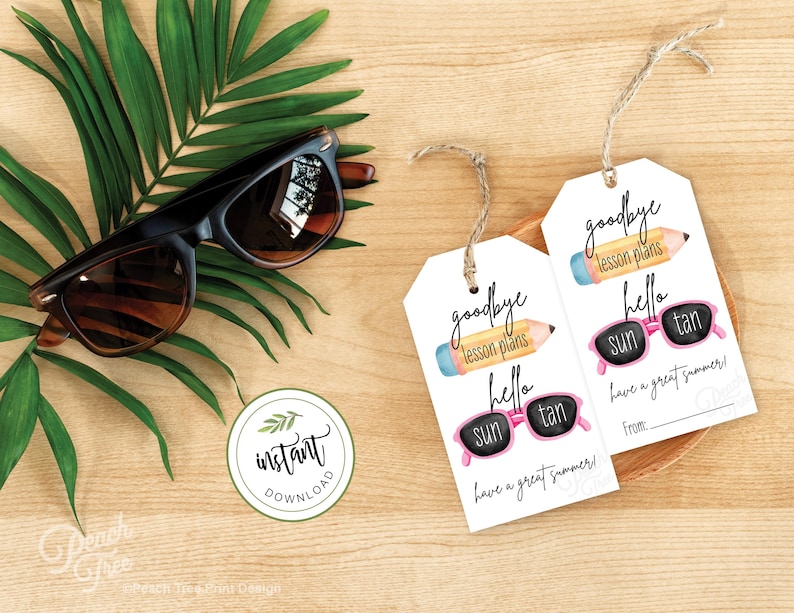 Puede incluir: Dos etiquetas de regalo blancas con un tema de verano. Las etiquetas presentan un l&aacute;piz con el texto "goodbye lesson plans" y gafas de sol con el texto "hello sun tan". Las etiquetas tambi&eacute;n incluyen el texto "have a great summer!" y un espacio para un nombre.