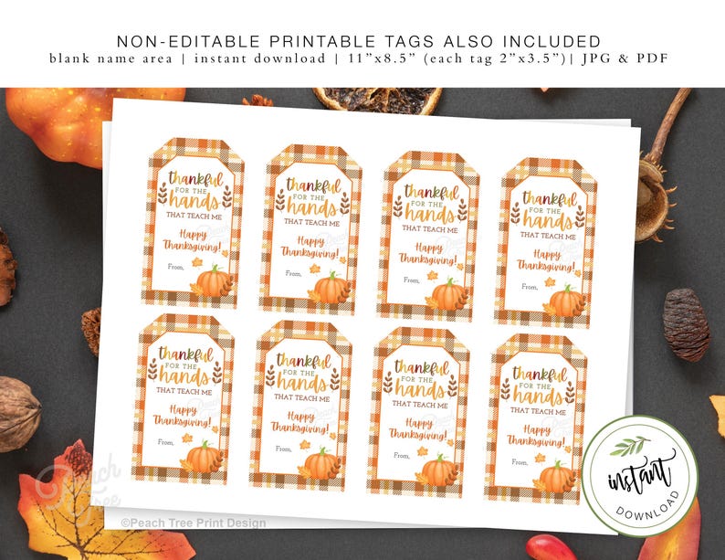 Op de afbeelding: Printbare Thanksgiving-cadeaulabels met een bruin en oranje geruit patroon. Elke label heeft de tekst "dankbaar voor de handen die me leren" en "Fijne Thanksgiving!" met een pompoen.