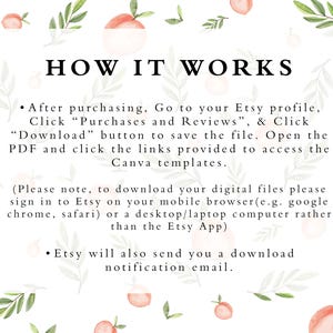 Op de afbeelding: Een witte achtergrond met perzikillustraties en groene bladeren. De tekst luidt: "HOW IT WORKS"  "Na aankoop ga je naar je Etsy-profiel, klik je op "Aankopen en beoordelingen" en klik je op de knop "Downloaden" om het bestand op te slaan. Open het PDF-bestand en klik op de meegeleverde links om toegang te krijgen tot de Canva-sjablonen. (Let op: om je digitale bestanden te downloaden, moet je inloggen op Etsy via je mobiele browser (bijvoorbeeld Google Chrome, Safari) of een desktop-/laptopcomputer in plaats van de Etsy-app) Etsy stuurt je ook een downloadmelding per e-mail."