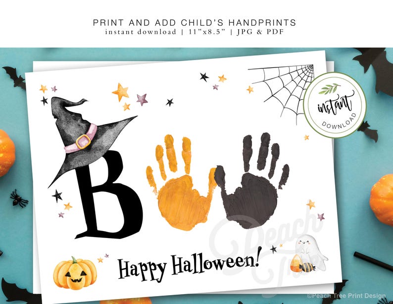 May include: Printable Halloween handprint craft for kids. The design features a witch's hat, a pumpkin, and the words "Happy Halloween!" with space for two handprints. The printable is 11 inches by 8.5 inches and comes in JPG and PDF formats.