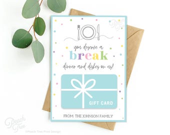 Dinner and Dishes Tag, You Deserve a Break, Thank You Gift Card Holder, Dinner and Dishes On Us Gift Card Holder, Digital Download, Editable