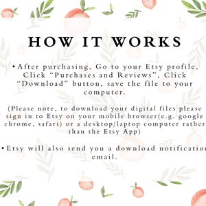 May include: A white background with peach illustrations and green leaves. Text reads: "HOW IT WORKS"  "After purchasing, Go to your Etsy profile, Click "Purchases and Reviews", Click "Download" button, save the file to your computer. (Please note, to download your digital files please sign in to Etsy on your mobile browser (e.g. google chrome, safari) or a desktop/laptop computer rather than the Etsy App) Etsy will also send you a download notification email."
