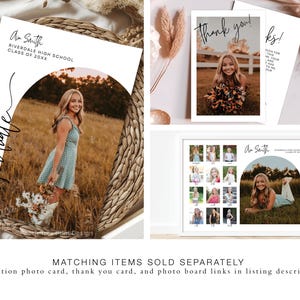 May include: A set of graduation party decorations featuring a photo card, thank you card, and a photo board. The photo card has a black and white arch design with the text "graduate" and the name "A. Smith". The thank you card has the text "Thank you!" and "ks!" in black script. The photo board has a black and white arch design with the text "A. Smith" and a collage of photos of graduates.