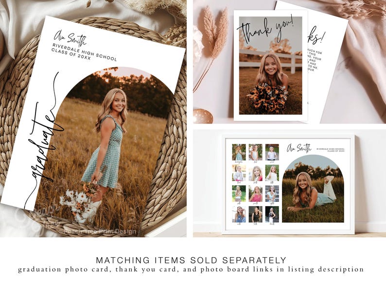 May include: A set of graduation party decorations featuring a photo card, thank you card, and a photo board. The photo card has a black and white arch design with the text "graduate" and the name "A. Smith". The thank you card has the text "Thank you!" and "ks!" in black script. The photo board has a black and white arch design with the text "A. Smith" and a collage of photos of graduates.