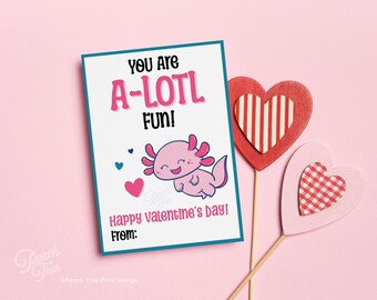 Axolotl Valentine Cards for Kids Printable, Axolotl Valentines Day Card, Axolotl Valentines Classroom Favors, Instant Download