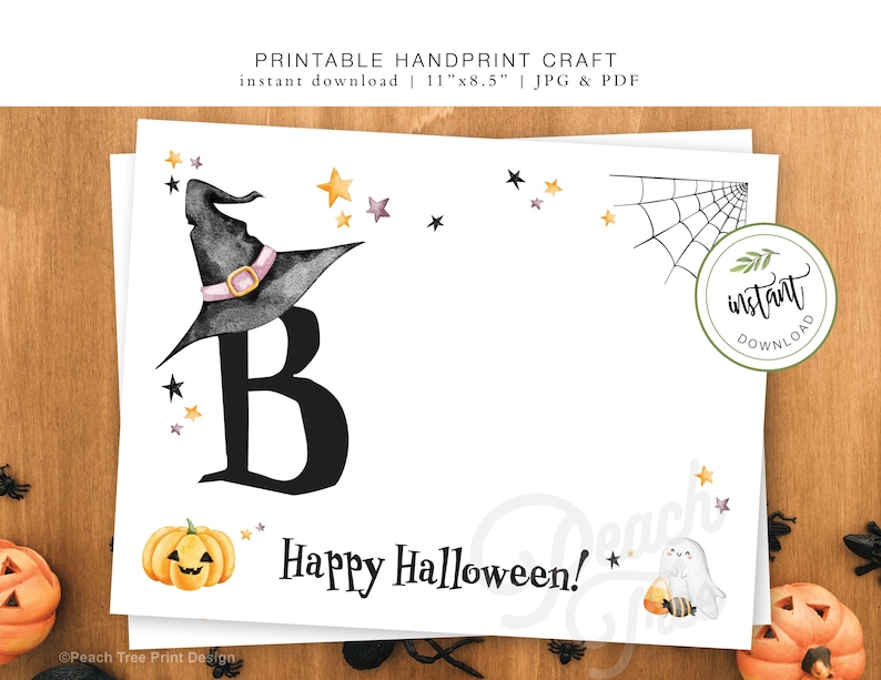 May include: Printable Halloween craft with a witch hat, a pumpkin, and a ghost. The craft is designed for a child with the letter "B" in the center. The text "Happy Halloween!" is at the bottom of the page.