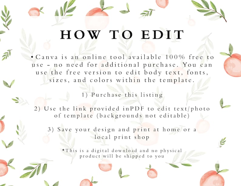 May include: A digital download graphic with the text "HOW TO EDIT" and instructions for using Canva to edit a template. The design features watercolor peaches and green leaves on a white background.