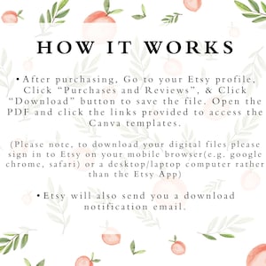 May include: A white background with peach illustrations and green leaves. The text "HOW IT WORKS" is in black. The text below explains how to download digital files purchased on Etsy. The text includes instructions to sign in to Etsy on a desktop or laptop computer rather than the Etsy app.