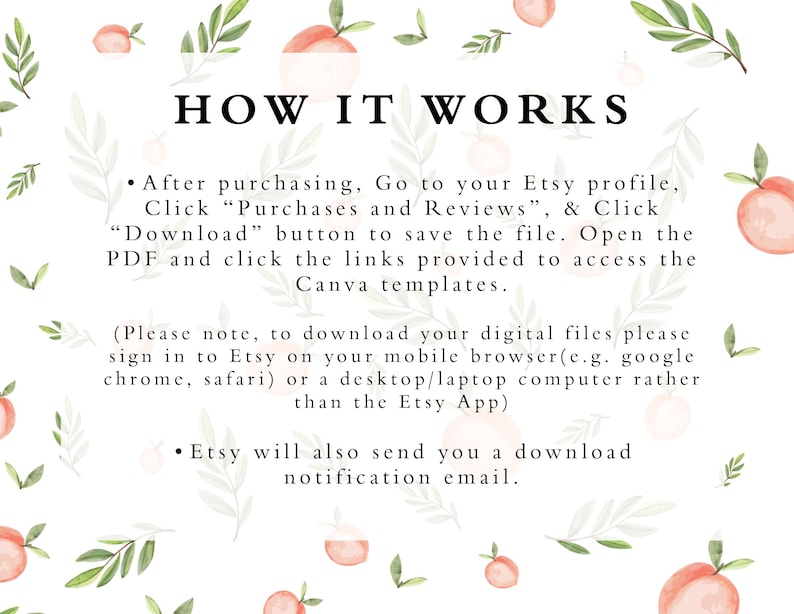 May include: A white background with peach illustrations and green leaves. The text "HOW IT WORKS" is in black. The text below explains how to download digital files purchased on Etsy. The text includes instructions to sign in to Etsy on a desktop or laptop computer rather than the Etsy app.