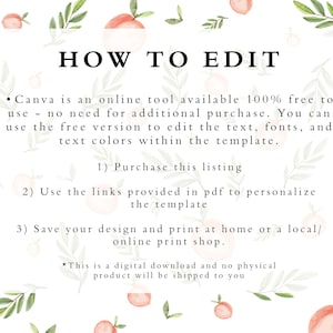 May include: A white background with watercolor illustrations of peaches and green leaves. The text "HOW TO EDIT" is at the top, followed by instructions on using Canva to edit the template. The text also states that this is a digital download.
