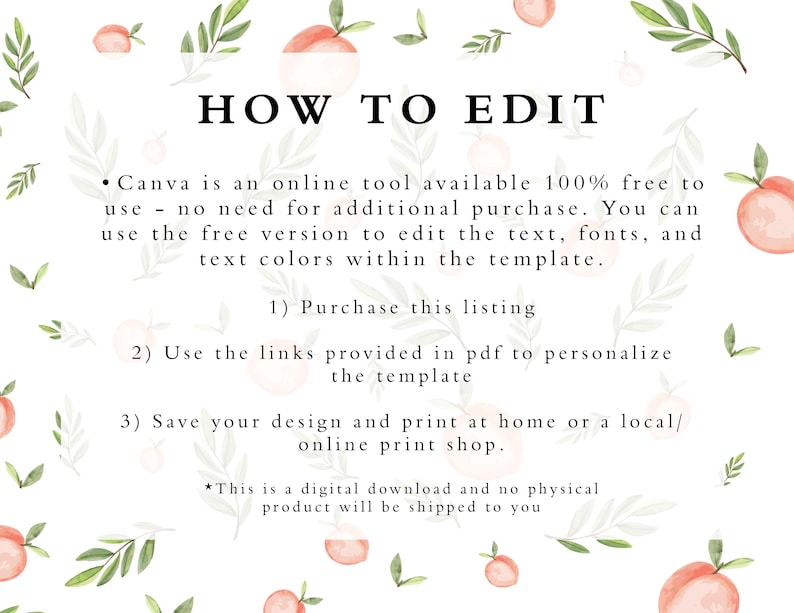 May include: A white background with watercolor illustrations of peaches and green leaves. The text "HOW TO EDIT" is at the top, followed by instructions on using Canva to edit the template. The text also states that this is a digital download.