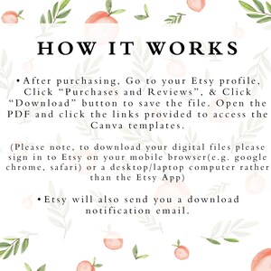 Puede incluir: Un fondo blanco con ilustraciones de melocotones y hojas verdes. El texto "HOW IT WORKS" est&aacute; en negro. El texto de abajo explica c&oacute;mo descargar los archivos digitales comprados en Etsy. El texto incluye instrucciones para iniciar sesi&oacute;n en Etsy en un ordenador de sobremesa o port&aacute;til en lugar de la aplicaci&oacute;n Etsy.