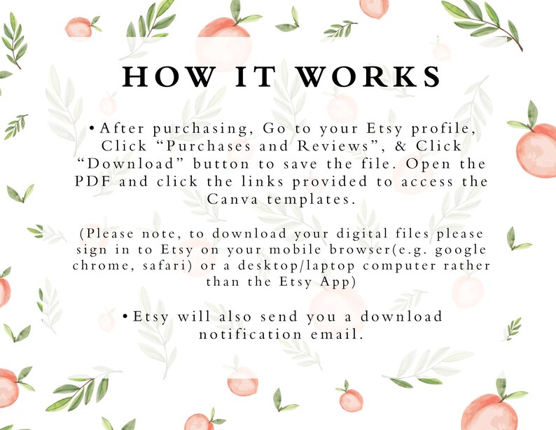 Puede incluir: Un fondo blanco con ilustraciones de melocotones y hojas verdes. El texto "HOW IT WORKS" est&aacute; en negro. El texto de abajo explica c&oacute;mo descargar los archivos digitales comprados en Etsy. El texto incluye instrucciones para iniciar sesi&oacute;n en Etsy en un ordenador de sobremesa o port&aacute;til en lugar de la aplicaci&oacute;n Etsy.