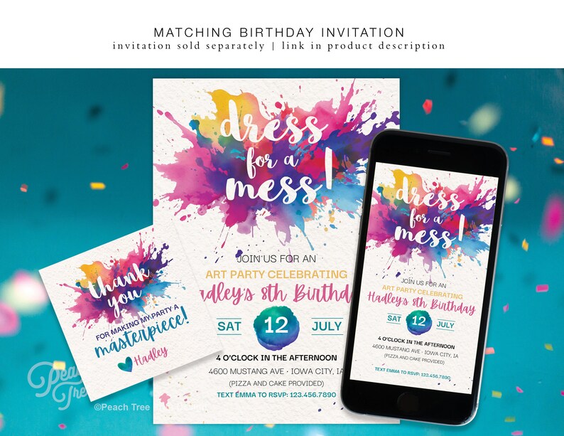 Pu&ograve; includere: Un invito colorato per una festa d'arte che celebra l'ottavo compleanno di un bambino. L'invito presenta un design a spruzzo di acquerello con il testo "dress for a mess!" e la data e l'ora della festa. L'invito include anche l'indirizzo e un numero di telefono per RSVP.