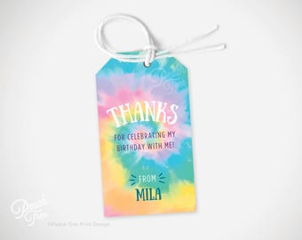Tie Dye Birthday Tags, Rainbow Tie Dye Birthday, Editable Tie Dye Party, Printable Party Favors, Tie-Dye Party, Instant Download