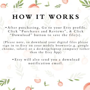 May include: A white background with watercolor illustrations of peaches and green leaves. The text "HOW IT WORKS" is displayed in a bold, elegant font. Instructions on how to download digital files from Etsy are also included.