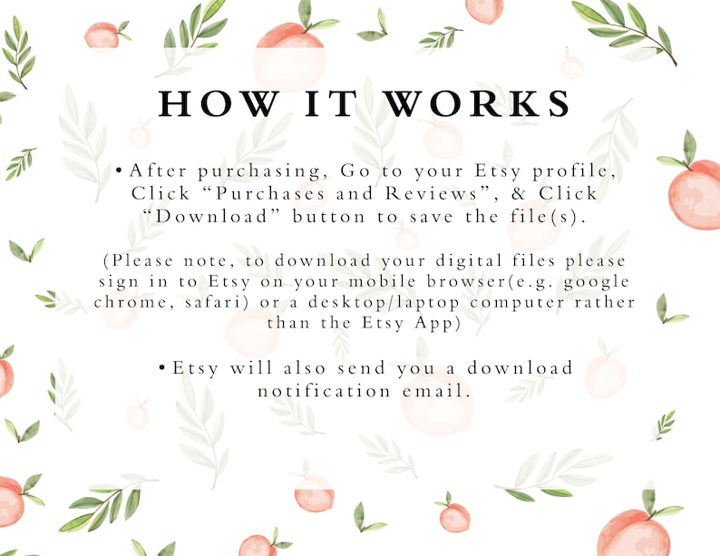 May include: A white background with watercolor illustrations of peaches and green leaves. The text "HOW IT WORKS" is displayed in a bold, elegant font. Instructions on how to download digital files from Etsy are also included.